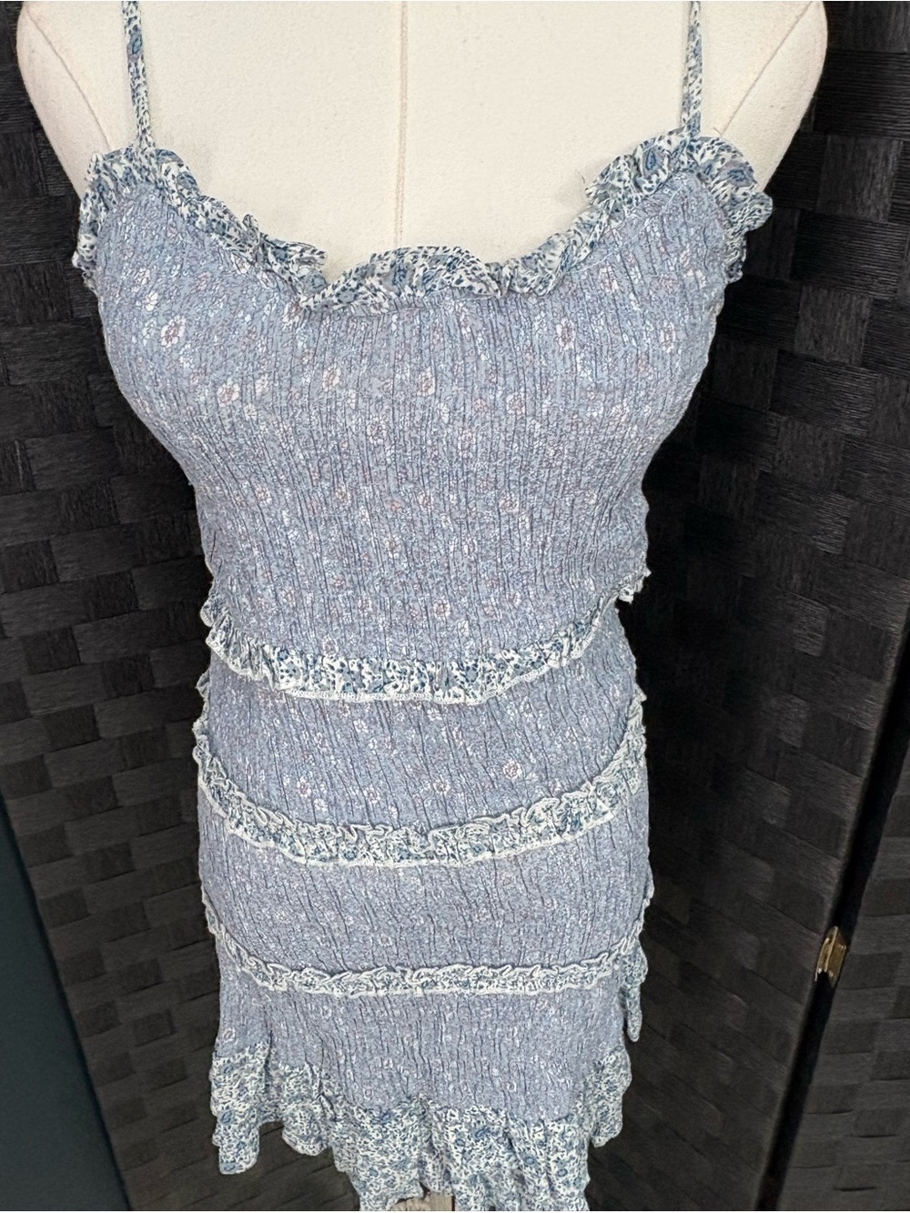 Blue Floral Smocked Mini Sundress Adjustable Spaghetti Straps Ruffle Trim